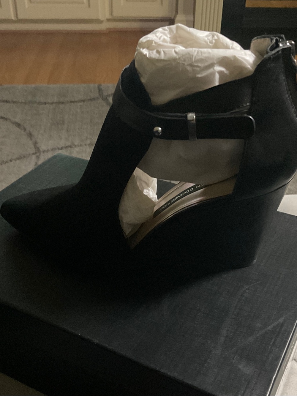 French Connection Black Suede-Look Wedge Booties with Ankle Strap